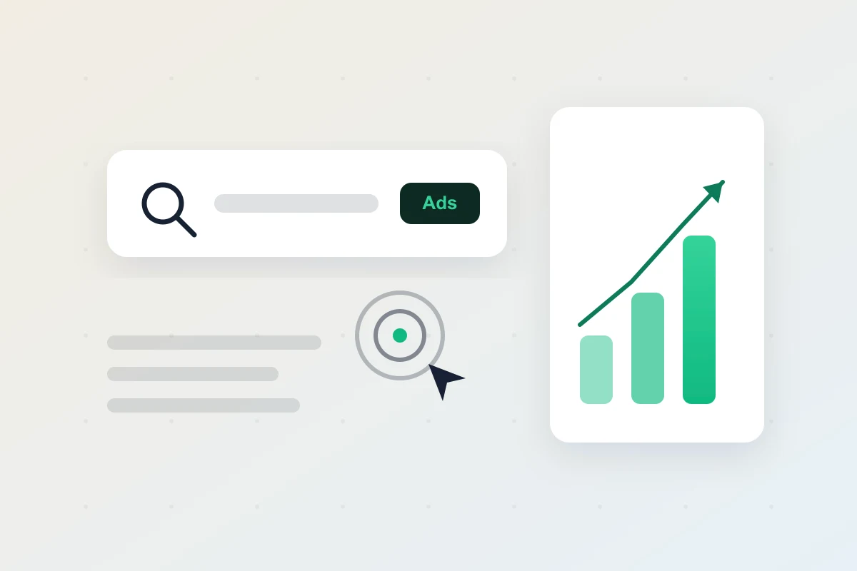 Minimalist illustration of Google and Meta advertising: a search ad, targeting, and conversion tracking.