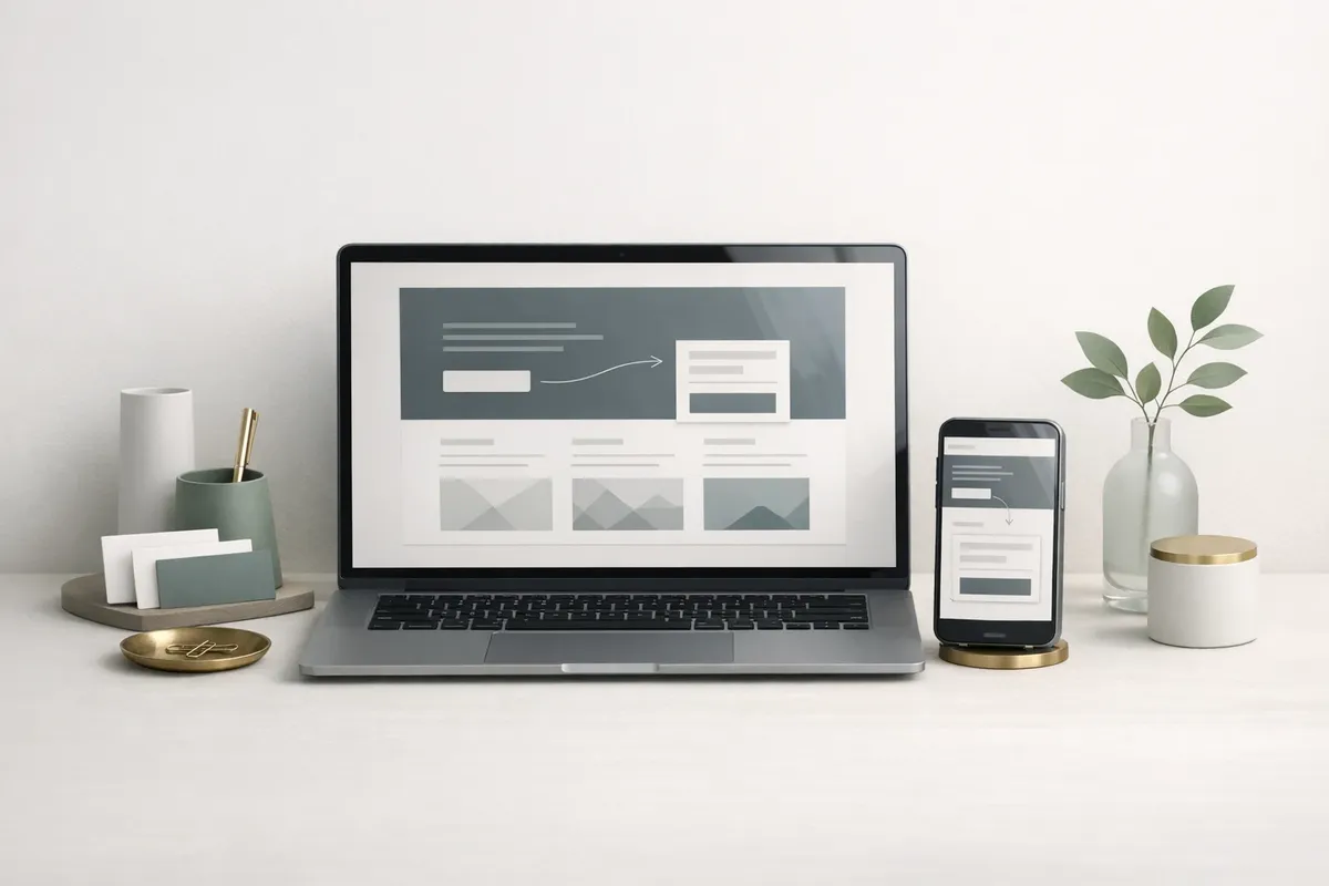 Minimal concept image of a redesigned website and a mobile enquiry path.