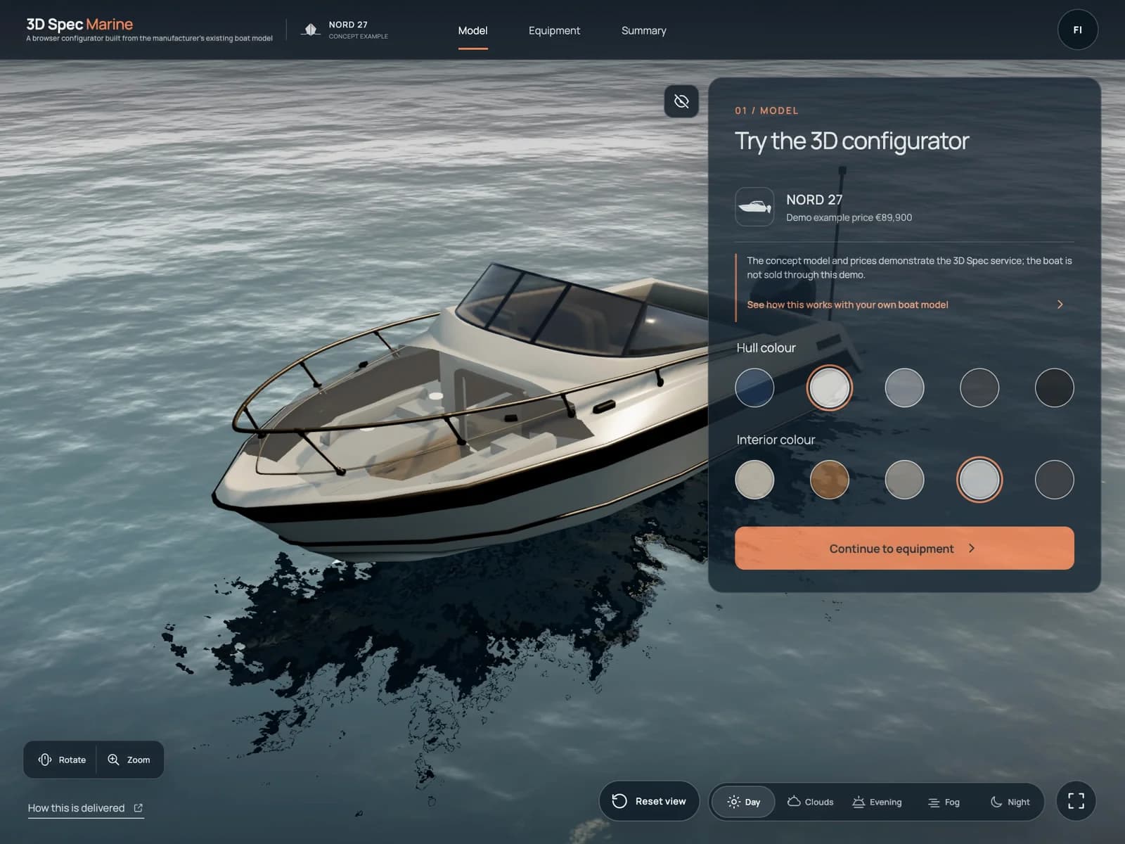 White NORD 27 concept boat on the water beside the selection panel of the browser-based 3D Spec Marine configurator.