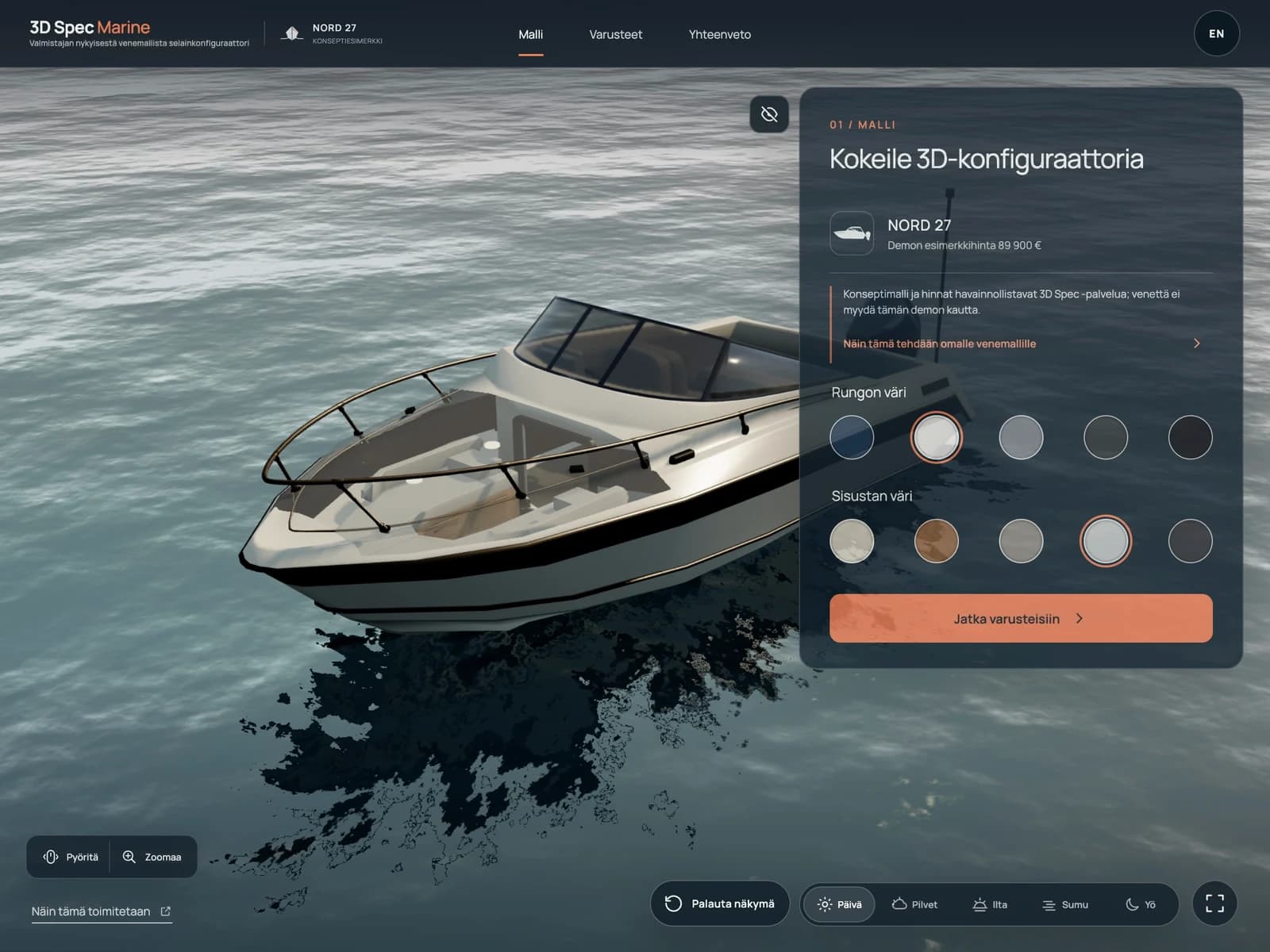 Valkoinen NORD 27 -konseptivene vedessä selainpohjaisen 3D Spec Marine -konfiguraattorin valintapaneelin vieressä.