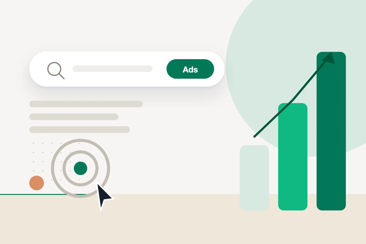 Minimalist illustration of Google and Meta advertising: a search ad, targeting, and conversion tracking.