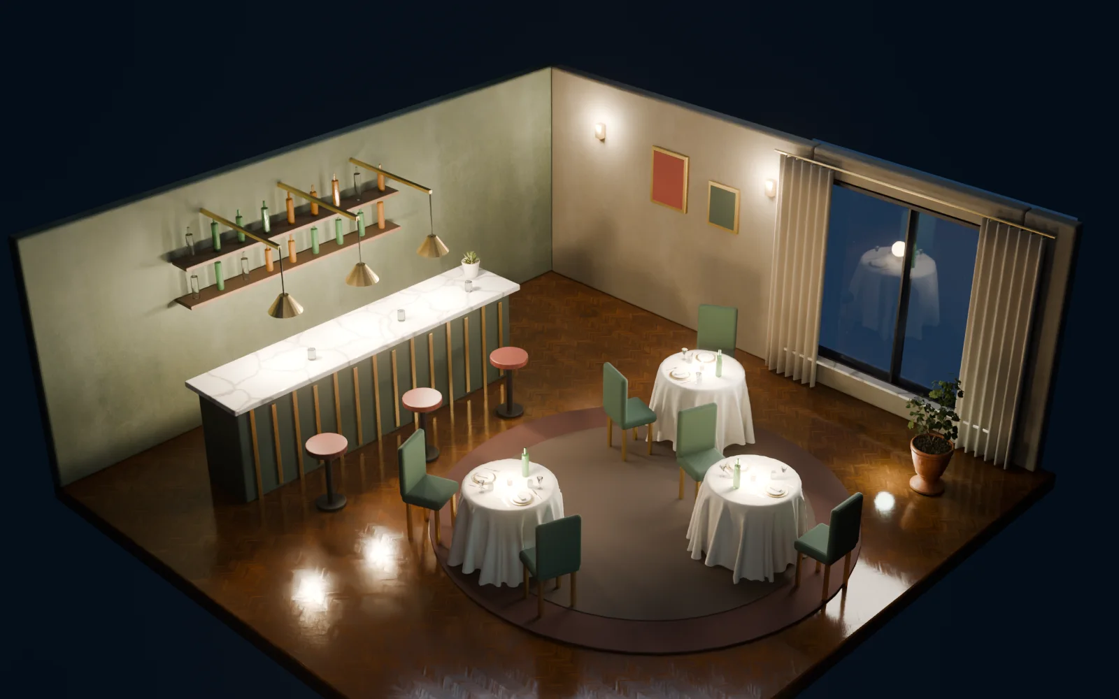 3D concept render of a warmly lit restaurant with a bar and set dining tables.