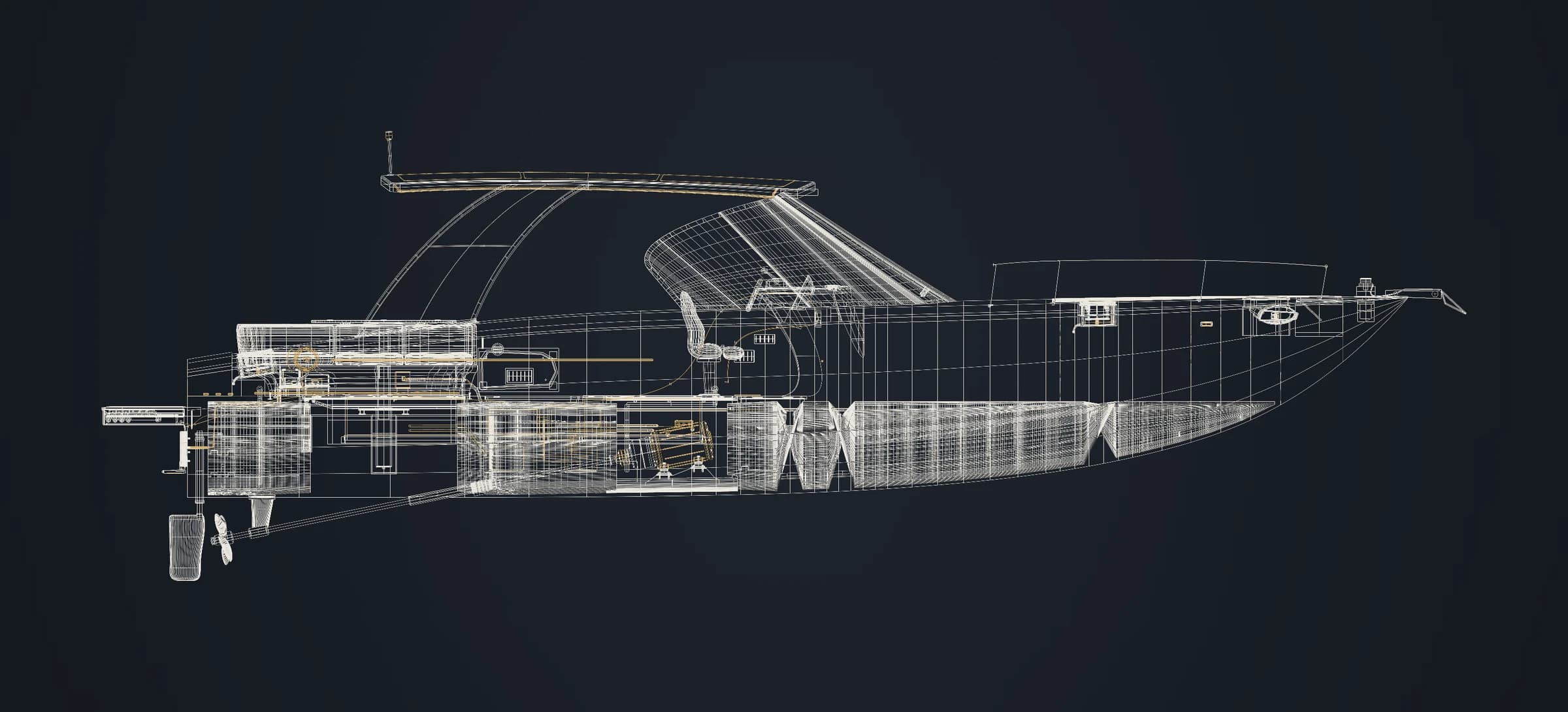 Side elevation of the OMA118 Sport boat concept as a wireframe