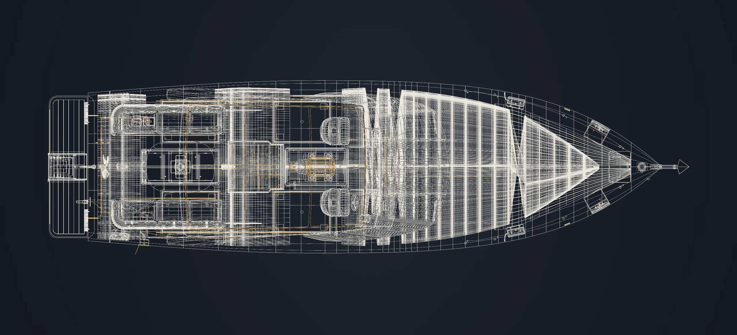 Plan view of the OMA118 Sport boat concept as a wireframe