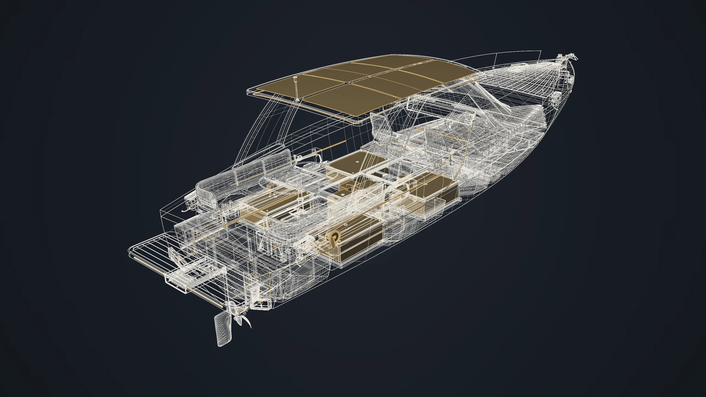 OMA118 Sport as a wireframe from aft above, electrical system highlighted in gold