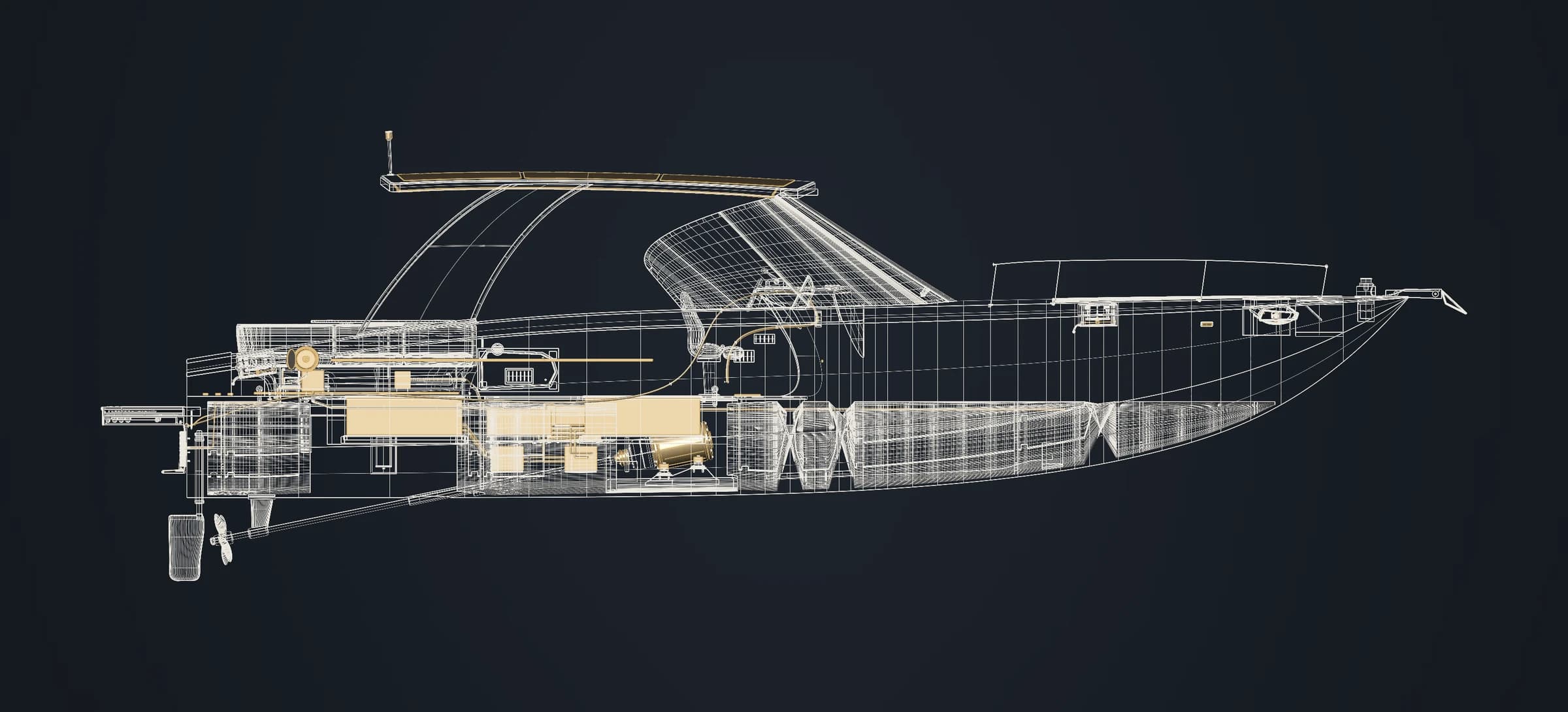 OMA118 Sport side elevation as a wireframe, electrical parts in gold