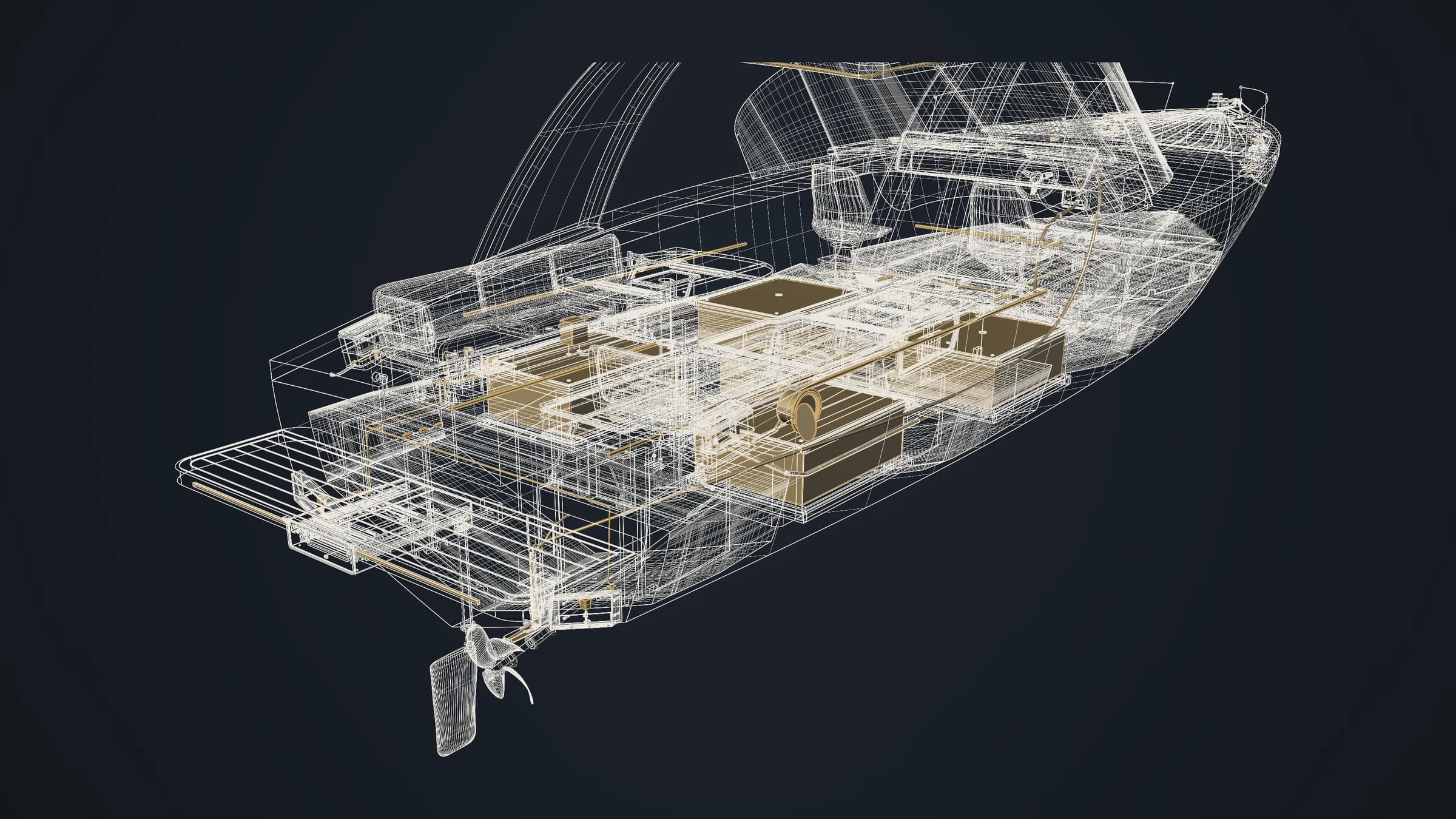 OMA118 Sport aft machinery space as a wireframe, batteries and motor in gold