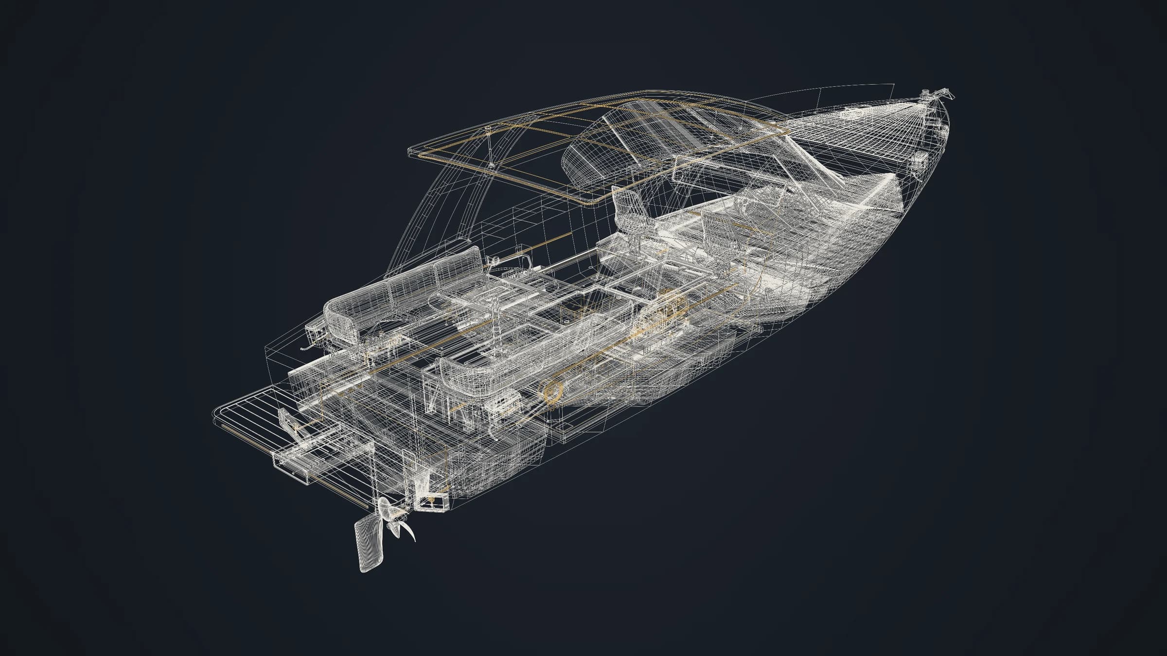 OMA118 Sport boat concept as a wireframe from aft above