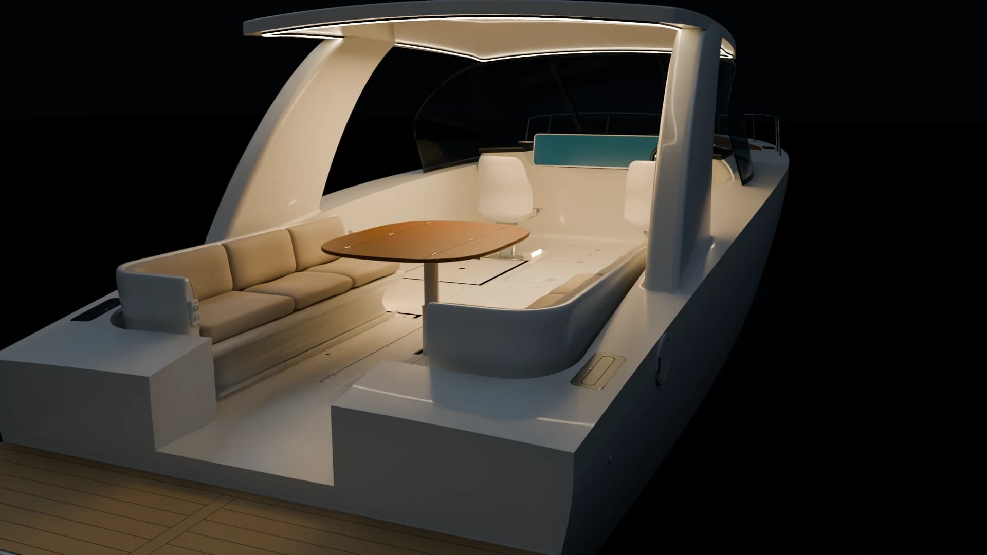 Cockpit of the OMA118 Sport boat concept at night with the roofline strip and under-seat lights on