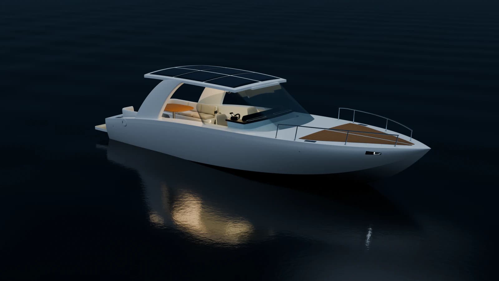 OMA118 Sport boat concept on the water at night from the bow quarter